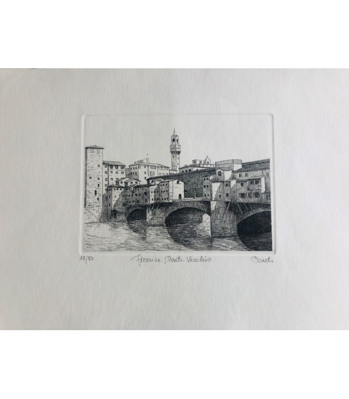 Original Florence Etching - Ponte Vecchio