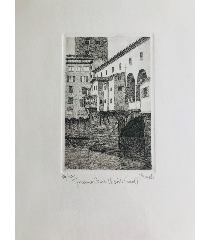 Original Florence Etching - Ponte Vecchio (part)