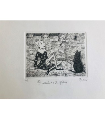 Original Italian Etching - Pinocchio and the cricket