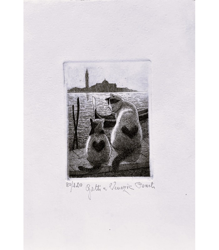 Original Italian Etching - Cats in Venice