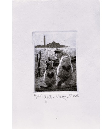 Original Italian Etching - Cats in Venice